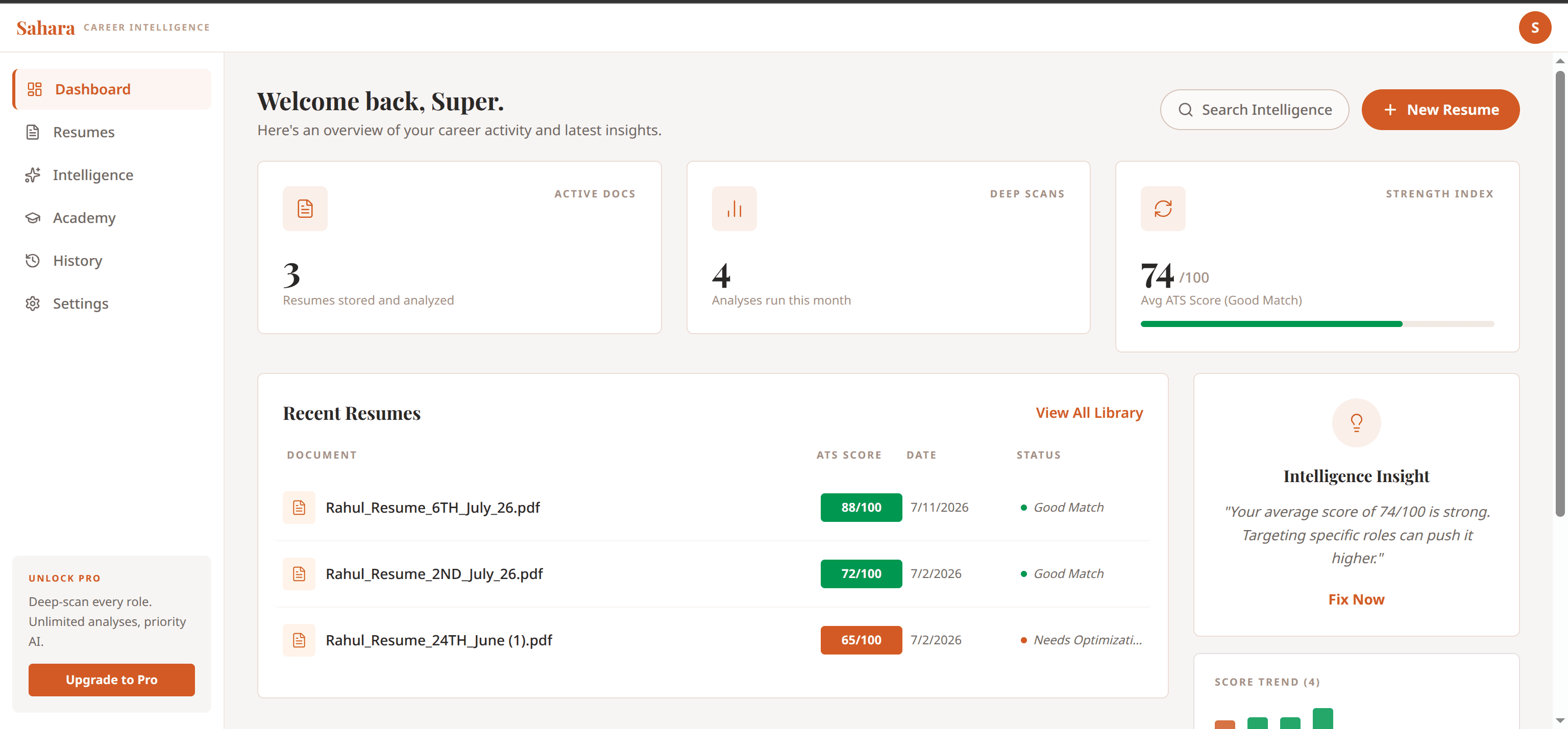 Sahara résumé analysis interface